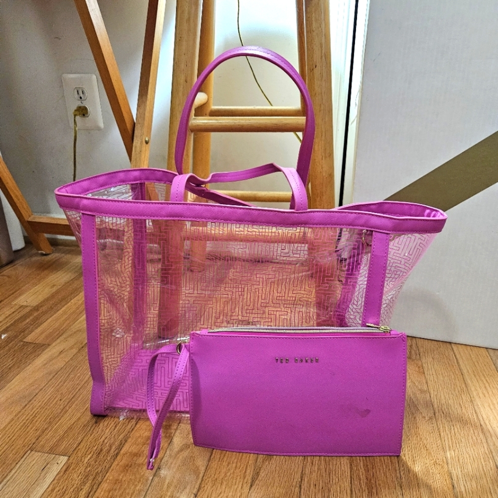 Ted Baker Clear Pink Logo Beach Bag with Attachable Wristlet